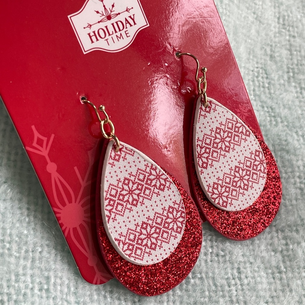 Holiday Time Fair Isle Red White Double Tier Glitter Teardrop Dangle Earrings - Picture 8 of 9